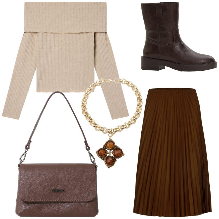 Outfit donna - Brown mania. Stile Urban per Tutti i giorni. Abbinamento con stivaletti, maglieria, borse a tracolla, collane, gonne longuette.
