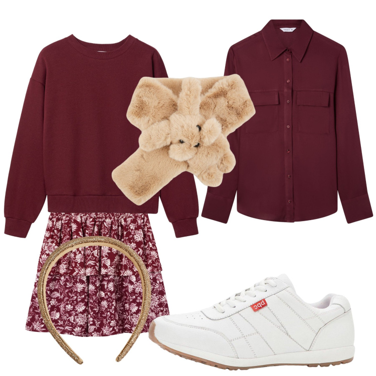 Outfit donna - Autumn. Stile Preppy per Tutti i giorni. Abbinamento con sneakers, vestiti corti, sciarpe, felpe, cerchietti, camicie.