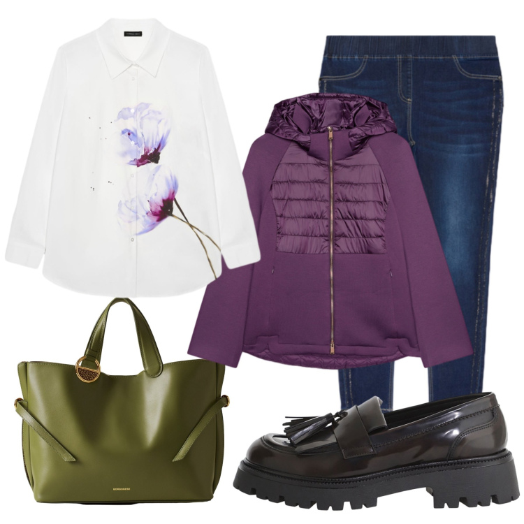 Outfit donna - Fiori delicati. Stile Romantica per Tutti i giorni. Abbinamento con mocassini, shopping bag, piumini, jeggings, camicie.