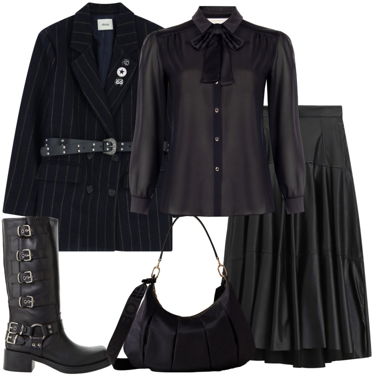 Outfit donna - Halloween. Stile Casual chic per Tutti i giorni. Abbinamento con camicie, gonne lunghe, stivali, blazer, borse a spalla.