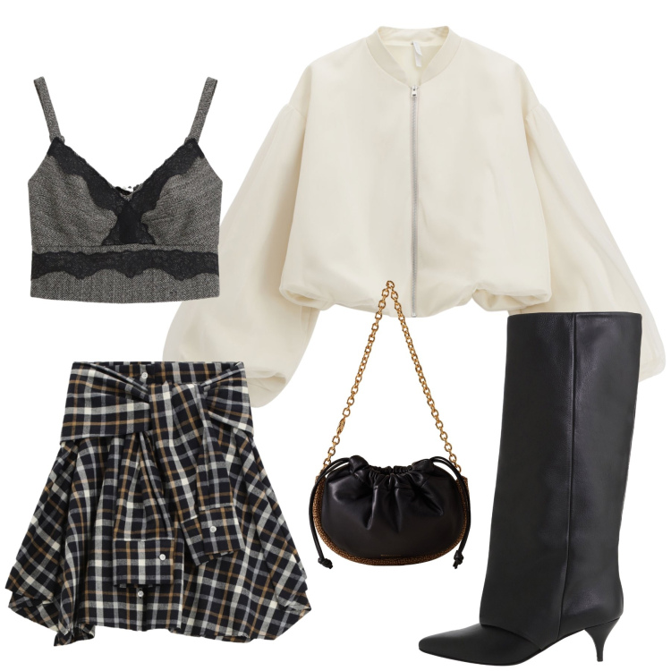 Outfit donna - Total look #2272130. Stile Trendy per Serata fuori. Abbinamento con minigonne, stivali, top, borse a spalla, bomber.