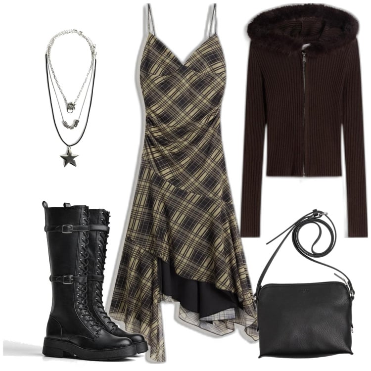 Outfit mujer - Rock #932. Estilo Rock para Todos los días. Combinación con vestidos midi/longuettes, cárdigans, botas, collares, bolsos saco.