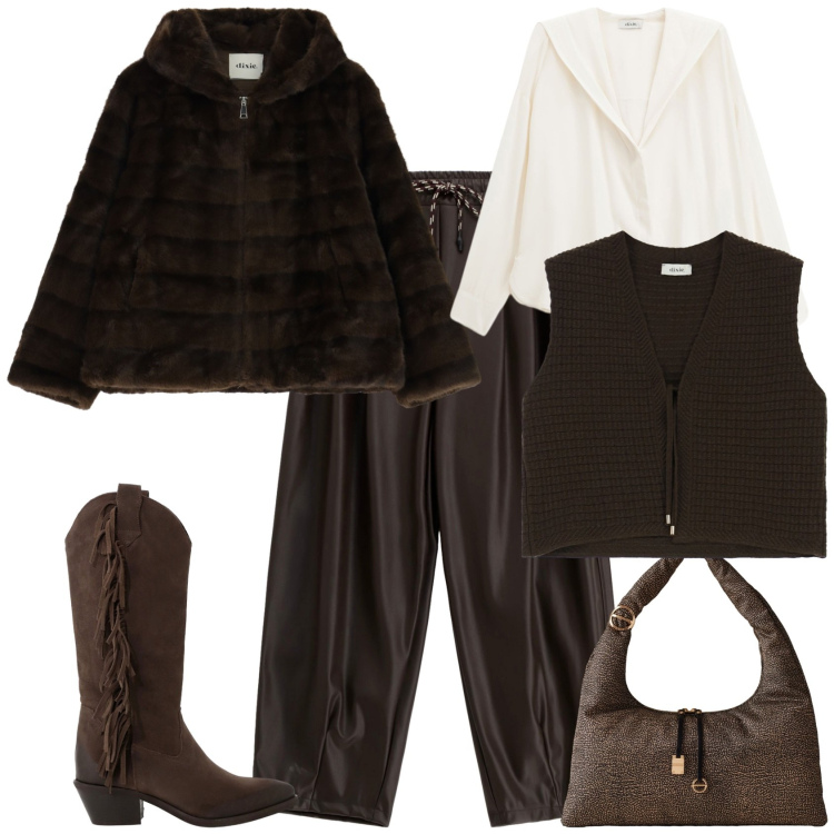 Outfit donna - Total look #2272133. Stile Sporty chic per Tutti i giorni. Abbinamento con borse a spalla, pantaloni a palazzo, camicie, stivali, gilet, blazer.