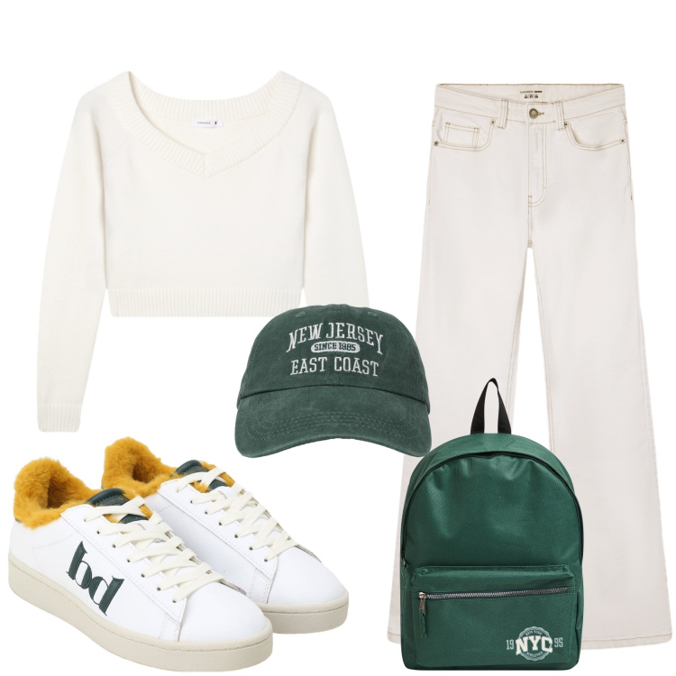 Outfit donna - Total look #2272135. Stile Casual per Scuola/Università. Abbinamento con zaini, jeans bootcut, cappelli con visiera, maglieria, sneakers.
