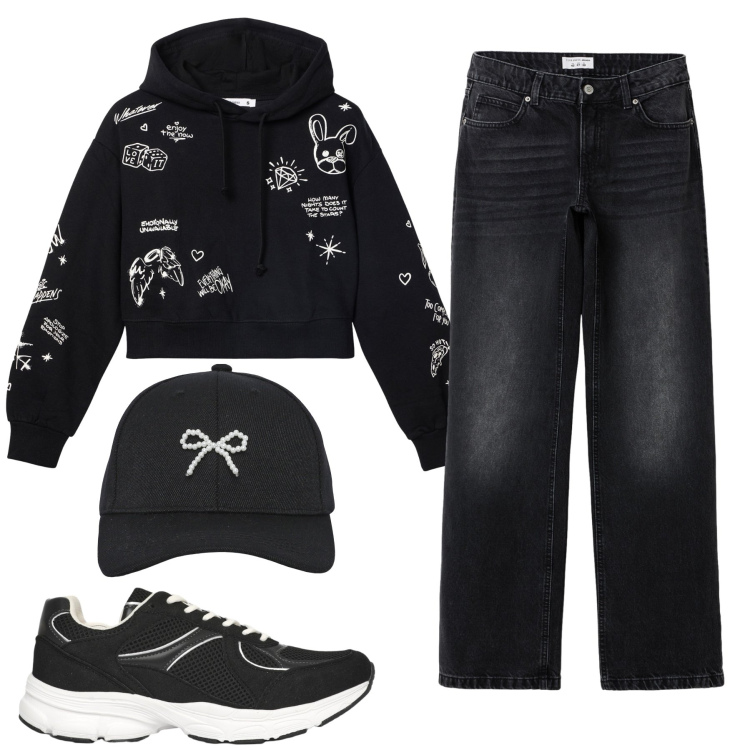 Outfit donna - Sweet. Stile Urban per Tutti i giorni. Abbinamento con cappelli con visiera, jeans, sneakers, felpe con cappuccio.