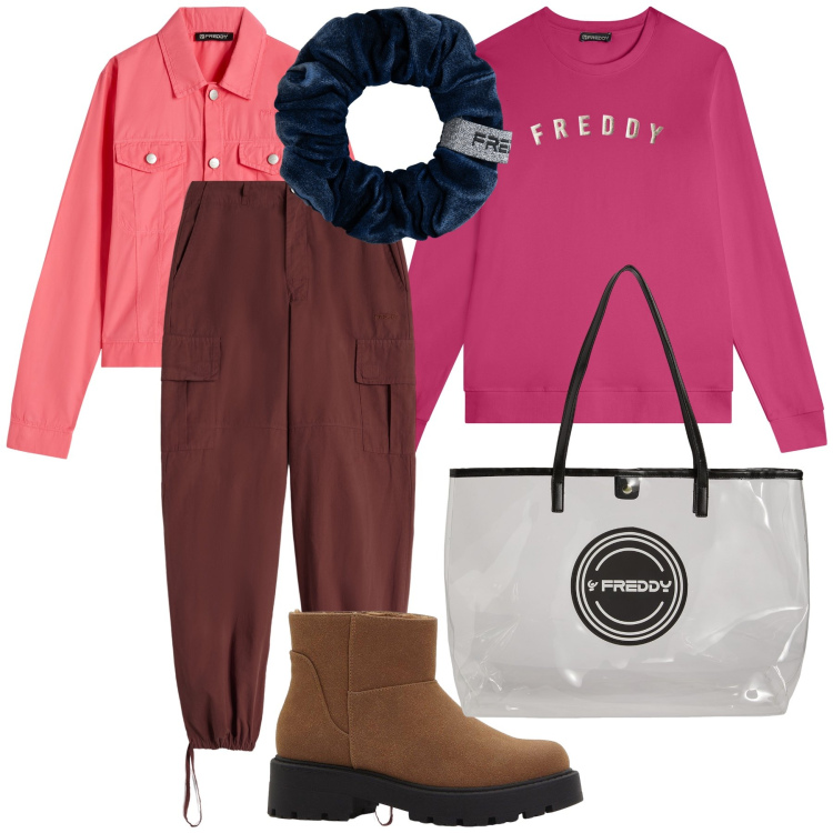Outfit donna - Sabato in Freddy mix. Stile Casual per Tutti i giorni. Abbinamento con stivaletti, pantaloni cargo, felpe, shopping bag, blazer, accessori per capelli.