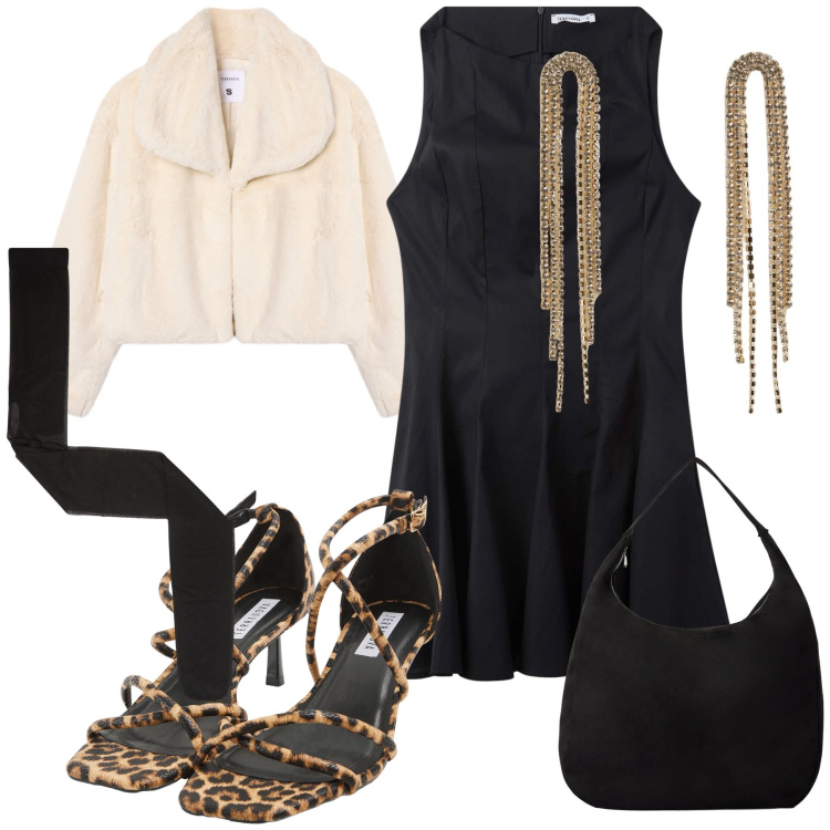 Outfit donna - Terranova night. Stile Glamour per Serata fuori. Abbinamento con orecchini, collant, sandali col tacco, vestiti corti, borse a mano, ecopellicce.