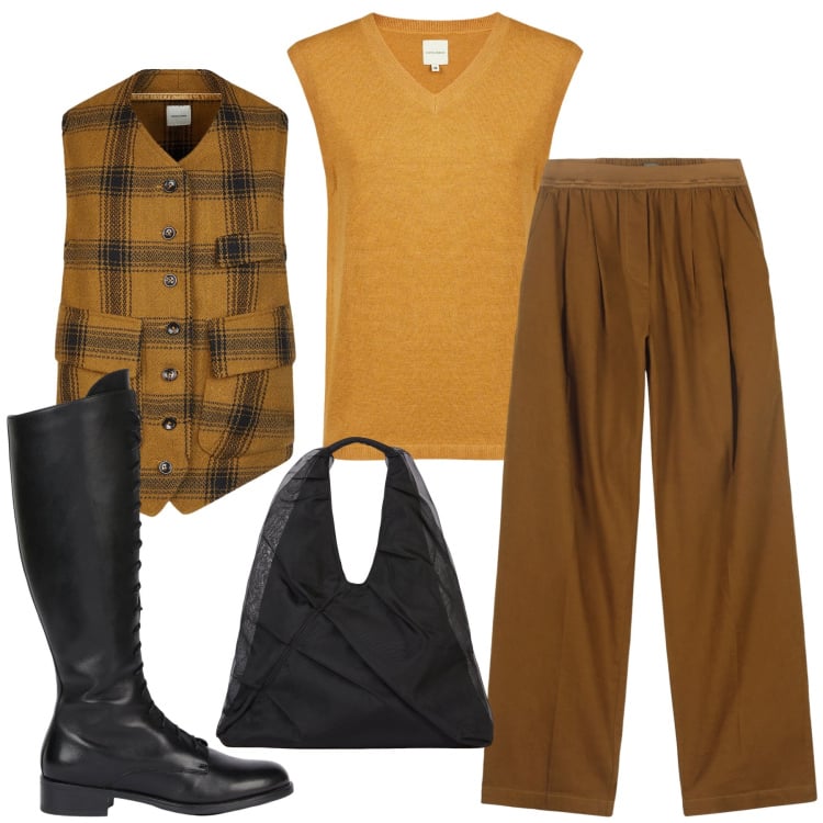 Outfit donna - Doppelganger in autunno. Stile Mannish per Tutti i giorni. Abbinamento con stivali, pantaloni, maglieria, gilet, shopping bag.