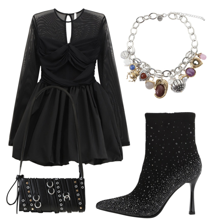 Outfit donna - Streghetta. Stile Glamour per Serata fuori. Abbinamento con borse a spalla, stivaletti, vestiti corti, braccialetti con ciondoli.