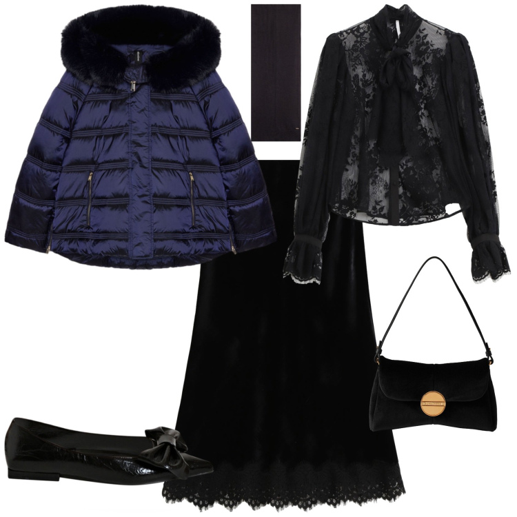 Outfit donna - Total look #2272142. Stile Chic per Serata fuori. Abbinamento con gonne lunghe, borse a tracolla, ballerine, camicie, sciarpe, piumini.