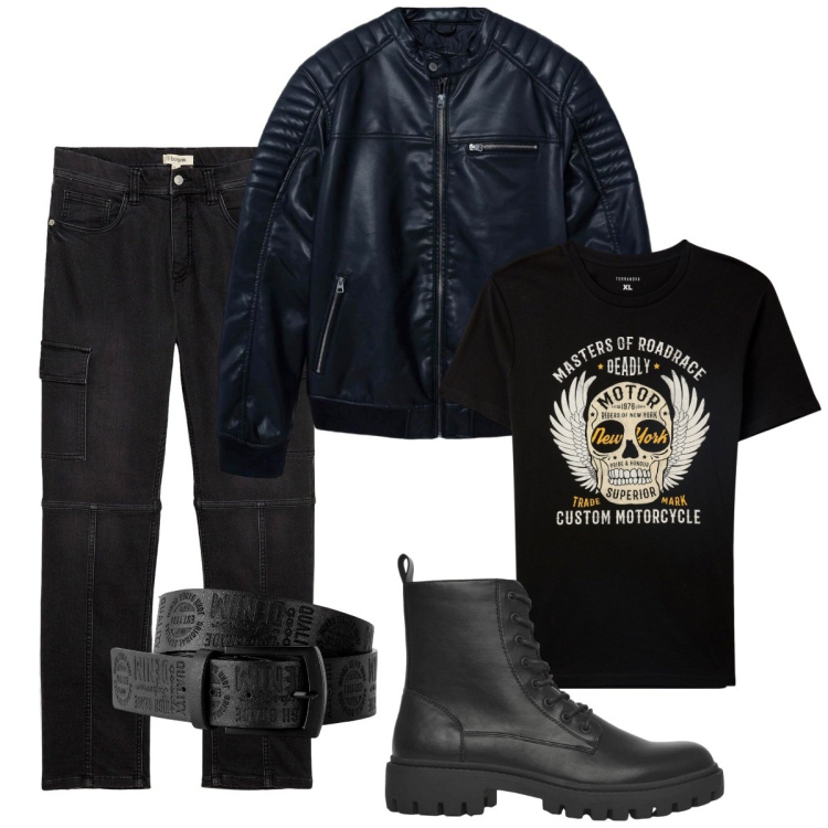 Outfit uomo - Total look #2272146. Stile Biker Rock per Serata speciale. Abbinamento con cinture, jeans dritti, t-shirt, giacche, anfibi.