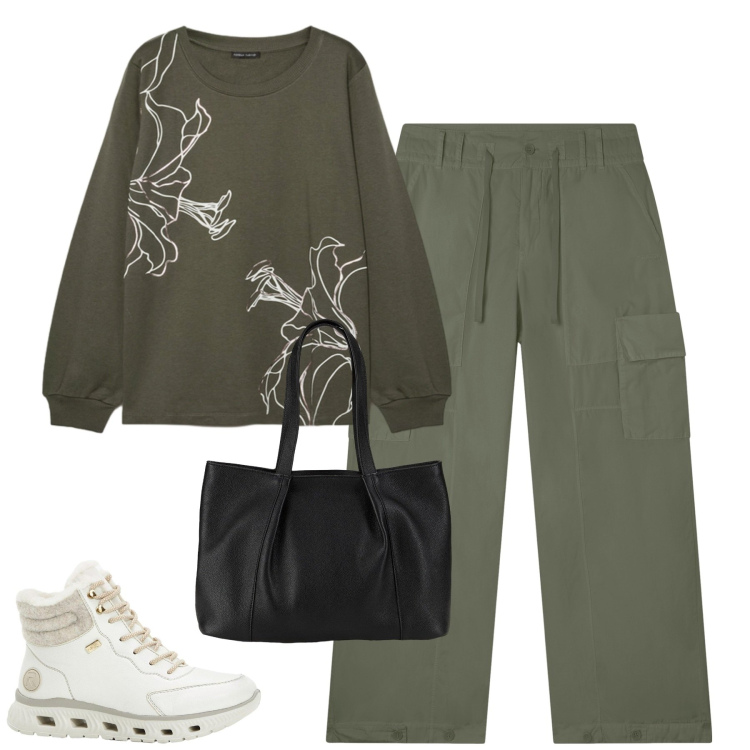 Outfit donna - Total look #2272153. Stile Casual per Tutti i giorni. Abbinamento con shopping bag, stivaletti, pantaloni cargo, felpe.