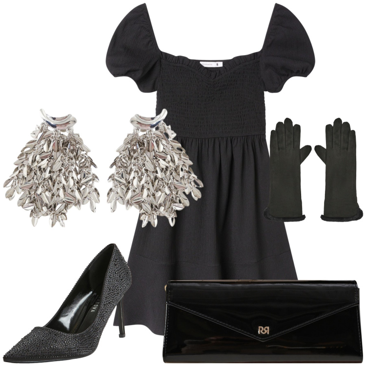 Outfit donna - Notte di Halloween dark but sparkling. Stile Glamour per Serata fuori. Abbinamento con décolleté, vestiti corti, guanti, pochette, orecchini.