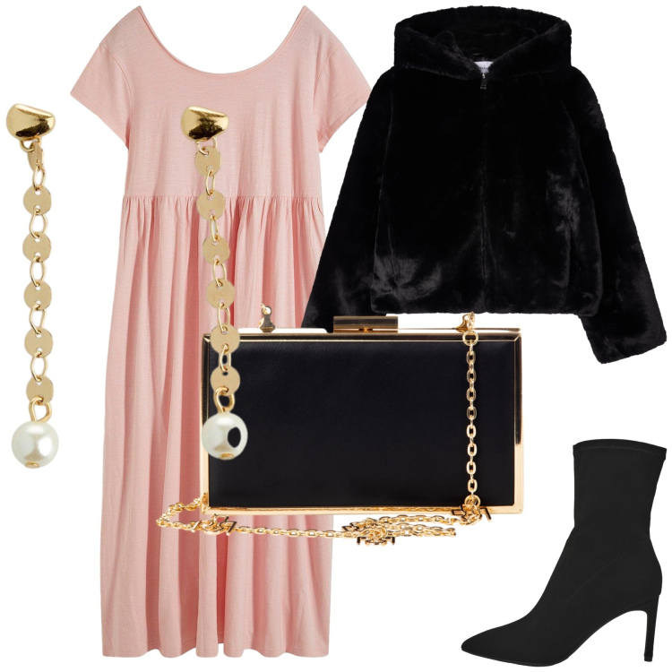 Outfit donna - Cerimonia di stagione. Stile Bon Ton per Cerimonia. Abbinamento con vestiti midi/longuette, orecchini, stivali, ecopellicce, pochette.