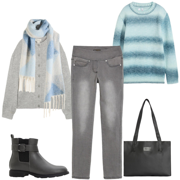 Outfit donna - Total look #2272159. Stile Casual per Tutti i giorni. Abbinamento con jeans dritti, cardigans, stivaletti chelsea, sciarpe, maglieria, shopping bag.