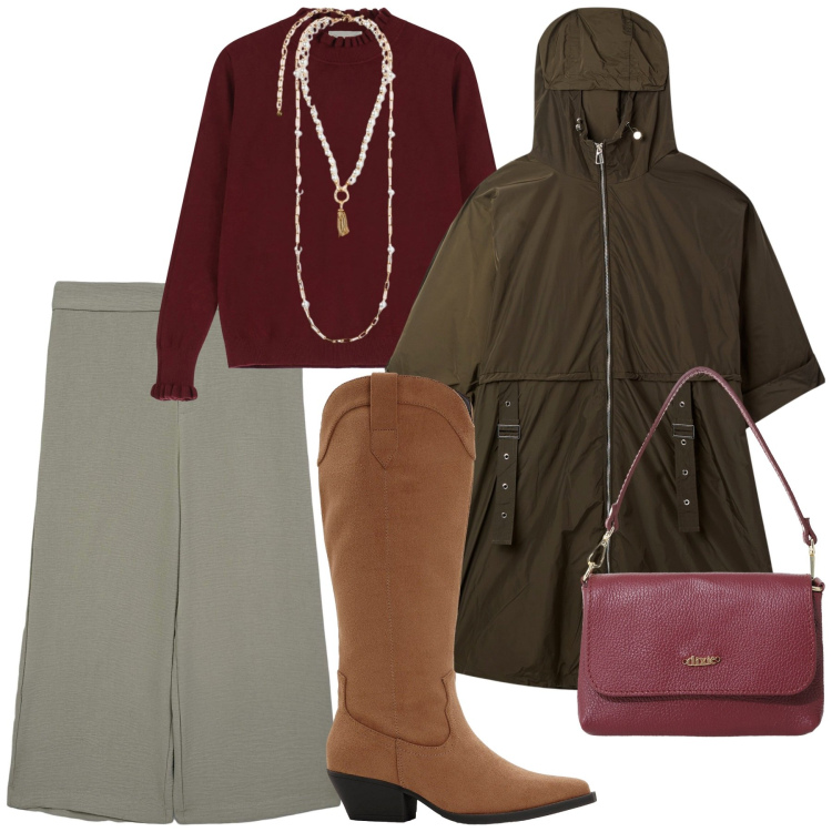 Outfit donna - Total look #2272160. Stile Casual per Tutti i giorni. Abbinamento con stivali, trench, pantaloni a palazzo, maglieria, borse a tracolla, collane.
