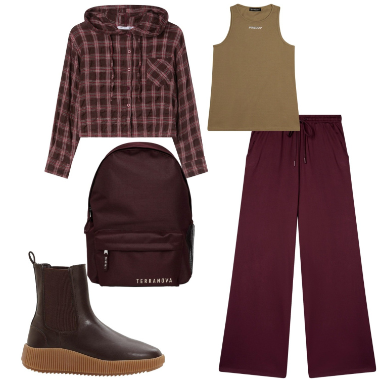 Outfit donna - Total look #2272161. Stile Casual per Tutti i giorni. Abbinamento con stivaletti chelsea, zaini, pantaloni, camicie, canottiere.