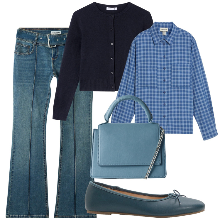 Outfit donna - Ottobre in blu. Stile Casual chic per Tutti i giorni. Abbinamento con ballerine, camicie, borse a tracolla, jeans a zampa, cardigans.
