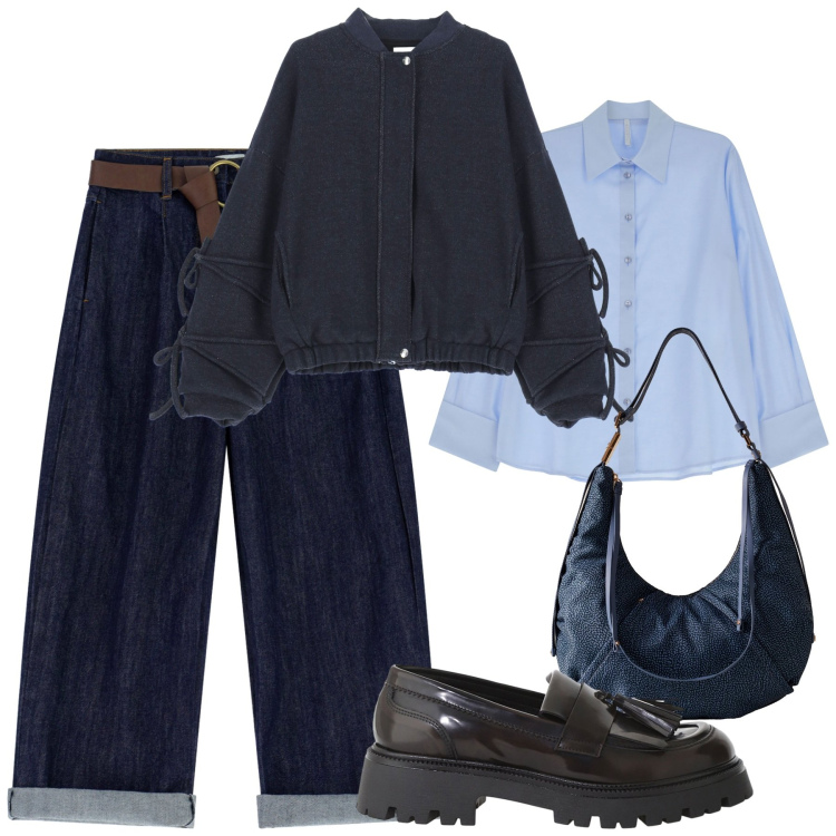 Outfit donna - Ottobre in blu. Stile Casual per Tutti i giorni. Abbinamento con borse a spalla, bomber, mocassini, jeans, camicie.