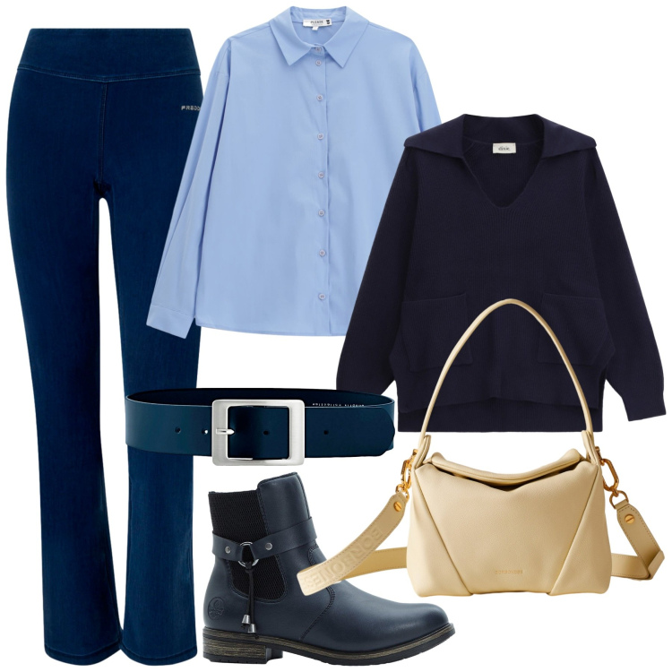 Outfit donna - Ottobre in blu. Stile Casual chic per Tutti i giorni. Abbinamento con stivaletti chelsea, cinture, camicie, maglieria, borse a spalla, pantaloni.