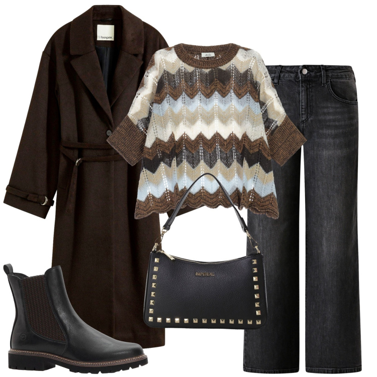 Outfit donna - Fall. Stile Urban per Tutti i giorni. Abbinamento con stivaletti chelsea, cappotti, maglieria, jeans dritti, pochette.