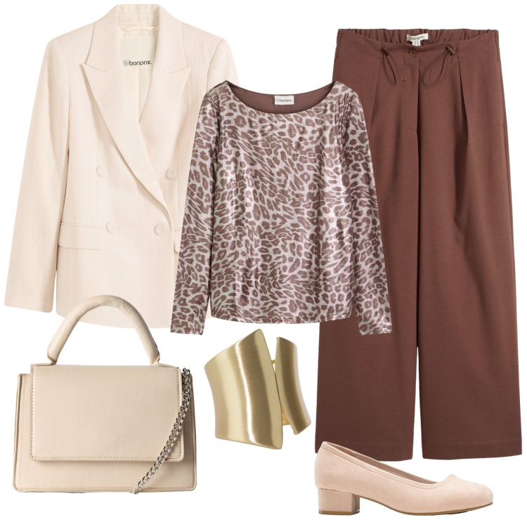 Outfit donna - Ufficio animalier. Stile Casual per Tutti i giorni. Abbinamento con décolleté, blazer, pantaloni, maglieria, borse a tracolla, anelli.