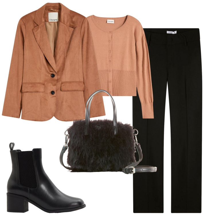Outfit donna - Total look #2272173. Stile Casual chic per Tutti i giorni. Abbinamento con blazer, borse a mano, cardigans, stivaletti, pantaloni.