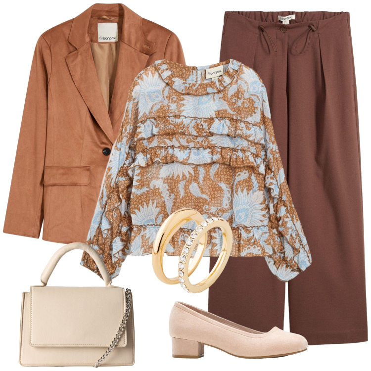 Outfit donna - Ufficio. Stile Casual per Tutti i giorni. Abbinamento con bluse, décolleté, anelli, pantaloni, blazer, borse a tracolla.