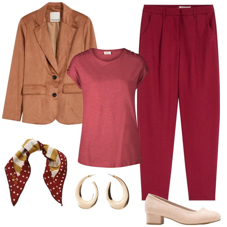 Outfit donna - Ufficio. Stile Casual per Ufficio. Abbinamento con pantaloni, décolleté, t-shirt, blazer, orecchini, foulard.