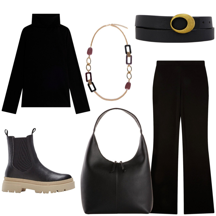 Outfit donna - Look monocromatico. Stile Chic per Tutti i giorni. Abbinamento con shopping bag, stivaletti chelsea, pantaloni, maglieria, cinture, collane.