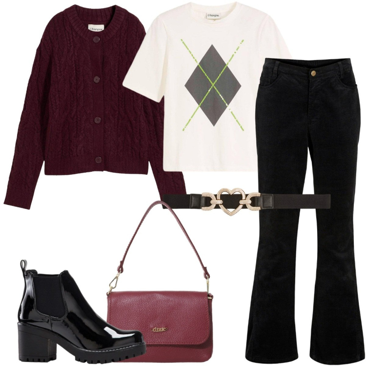 Outfit donna - Mi metto il cardigan. Stile Preppy per Tutti i giorni. Abbinamento con pantaloni, stivaletti, maglieria, cardigans, cinture, borse a tracolla.