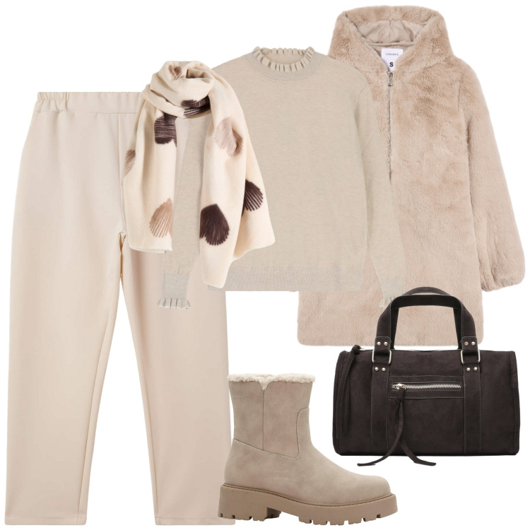 Outfit donna - Colori neutri. Stile Casual chic per Tutti i giorni. Abbinamento con sciarpe, stivaletti, pantaloni, cappotti, borse a mano, maglieria.