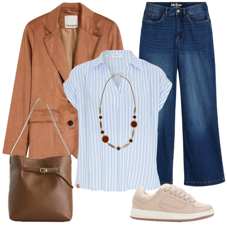 Outfit donna - Ufficio venerdì. Stile Casual per Tutti i giorni. Abbinamento con blazer, sneakers, bluse, jeans, borse a mano, collane.