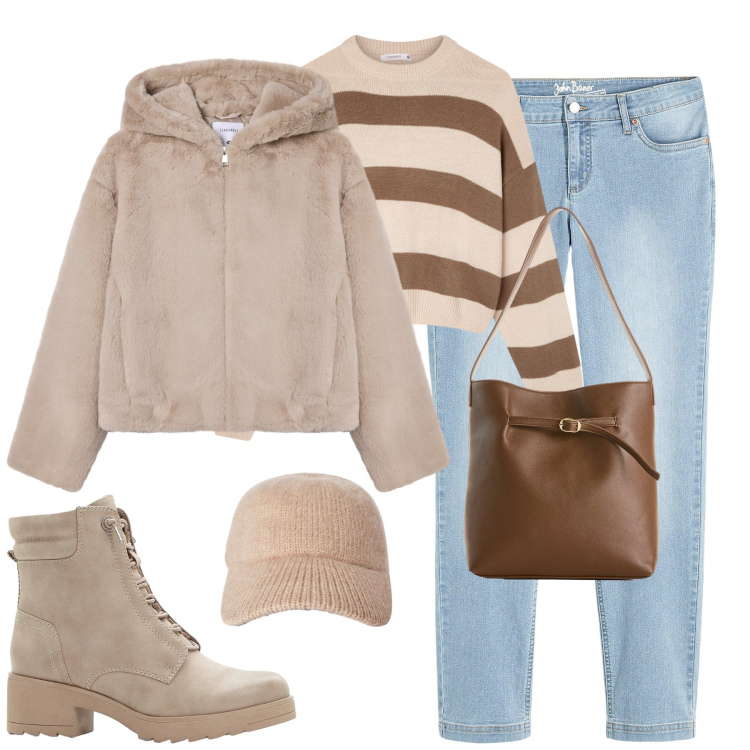 Outfit donna - City. Stile Casual chic per Tutti i giorni. Abbinamento con jeans dritti, borse a mano, stivaletti, maglieria, cappelli con visiera, ecopellicce.