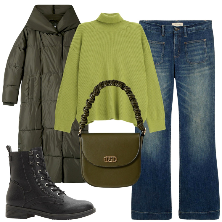 Outfit donna - Green. Stile Casual per Tutti i giorni. Abbinamento con jeans a zampa, stivaletti, cappotti, maglieria, borse a mano.