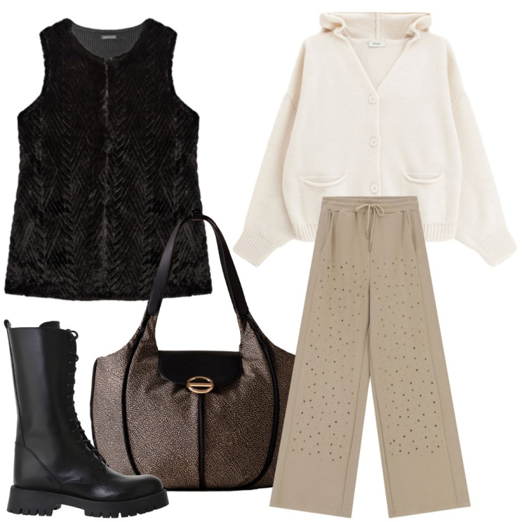 Outfit donna - Total look #2272189. Stile Casual chic per Ufficio. Abbinamento con pantaloni, cardigans, stivali, shopping bag, maglieria.