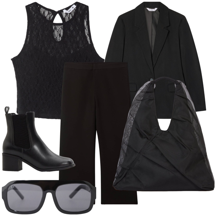 Outfit donna - Un bel sotto giacca. Stile Urban per Ufficio. Abbinamento con stivaletti, pantaloni, top, blazer, occhiali da sole, shopping bag.