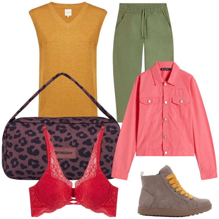 Outfit donna - Concorrenza al foliage. Stile Casual per Tutti i giorni. Abbinamento con sneakers alte, reggiseni, blazer, pantaloni, borse a spalla, maglieria.