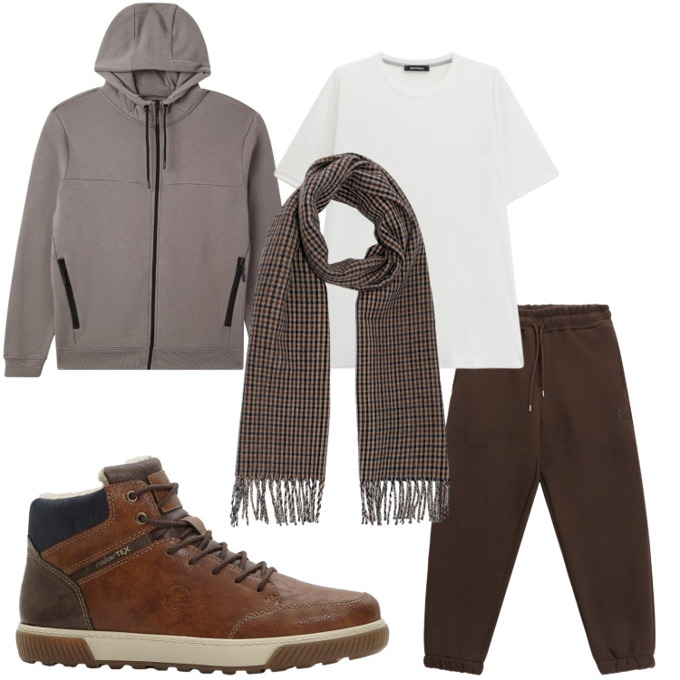 Outfit uomo - Fitness look. Stile Trendy per Sport. Abbinamento con sneakers alte, felpe con cappuccio, pantaloni, t-shirt, sciarpe.