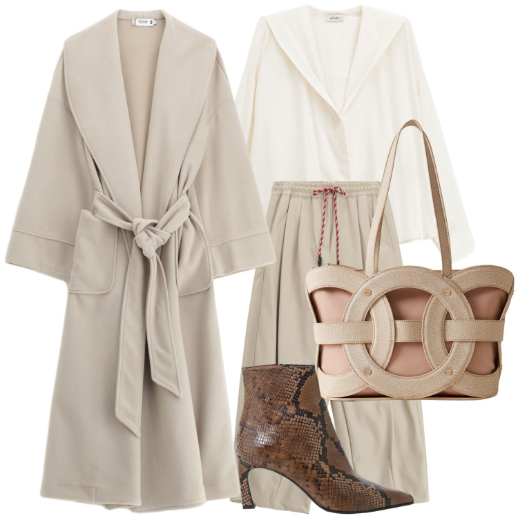 Outfit donna - Urban bon ton. Stile Urban per Tutti i giorni. Abbinamento con cappotti, camicie, stivaletti, pantaloni a palazzo, shopping bag.