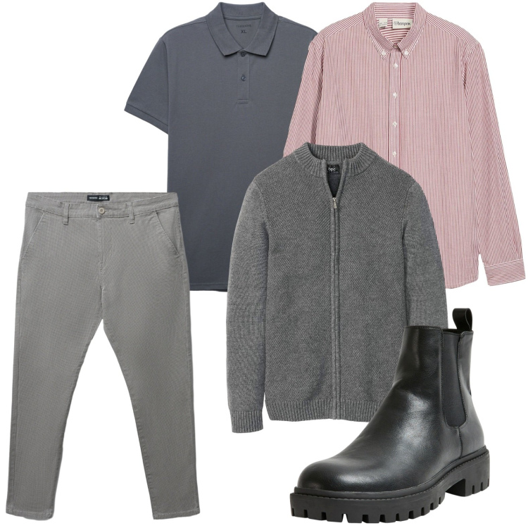 Outfit uomo - Vestirsi a strati. Stile Casual per Ufficio. Abbinamento con cardigans, camicie, stivali e stivaletti, pantaloni chino, polo.