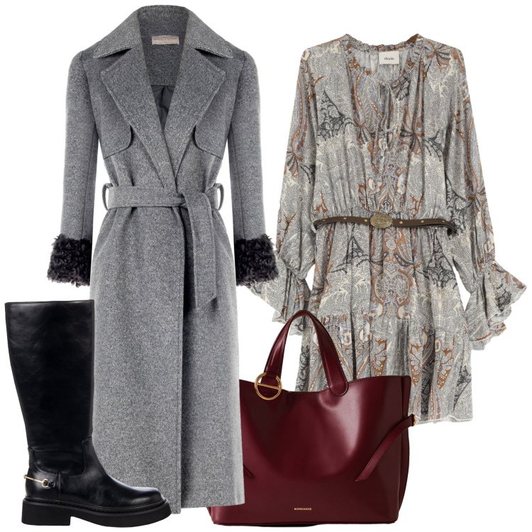 Outfit donna - Total look #2272214. Stile Glamour per Serata fuori. Abbinamento con cappotti, stivali sopra il ginocchio, vestiti corti, shopping bag.