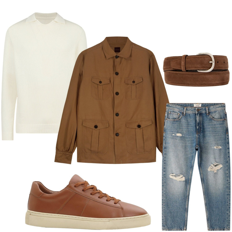 Outfit uomo - Look raffinato. Stile Casual per Ufficio. Abbinamento con sneakers, jeans strappati, cappotti, cinture, maglieria.