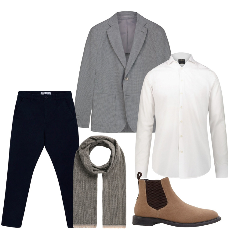 Outfit uomo - Tonalità classiche. Stile Casual per Ufficio. Abbinamento con stivali e stivaletti, pantaloni chino, sciarpe, camicie, giacche.
