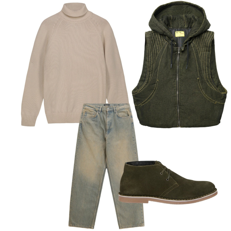 Outfit uomo - Versione comfort. Stile Casual per Tutti i giorni. Abbinamento con gilet, jeans, stivali e stivaletti, pullovers.