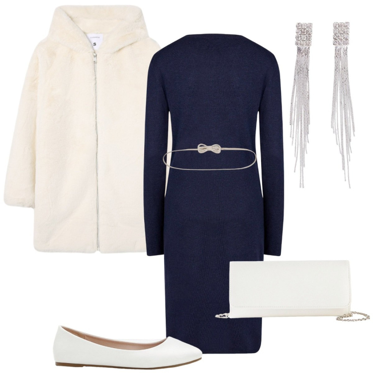 Outfit donna - Bianco e blu. Stile Basic per Serata fuori. Abbinamento con orecchini, ballerine, pochette, cinture, cappotti, vestiti midi/longuette.