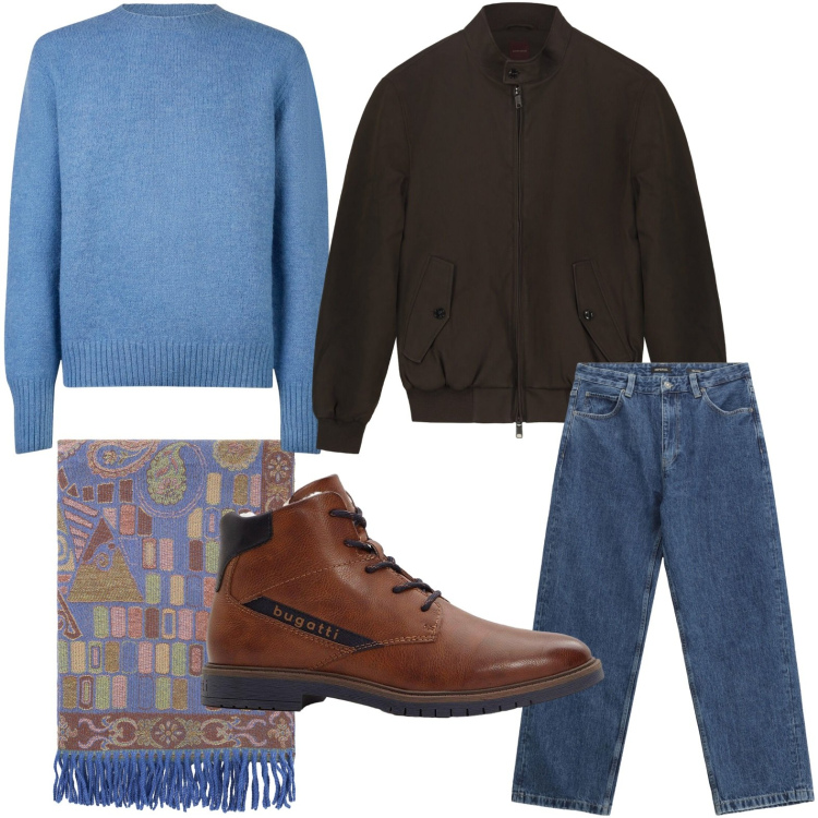 Outfit uomo - Colori intensi. Stile Casual per Tutti i giorni. Abbinamento con stivali e stivaletti, jeans, sciarpe, maglieria, bomber.