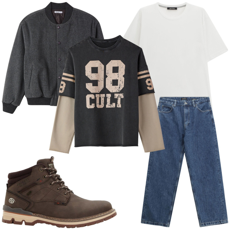 Outfit uomo - La mia domenica. Stile Trendy per Tutti i giorni. Abbinamento con stivali e stivaletti, bomber, felpe, jeans, t-shirt.