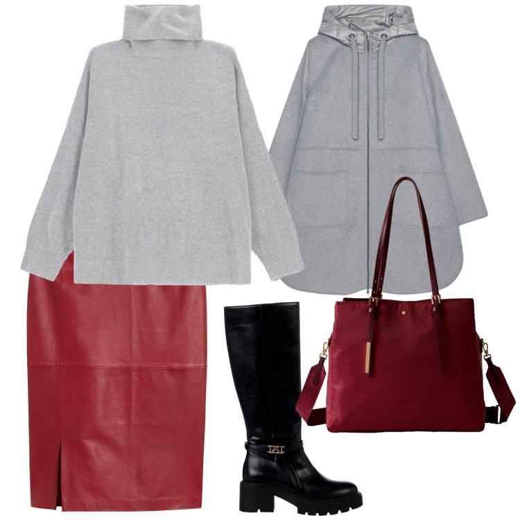 Outfit donna - Stagione fredda. per Tutti i giorni. Abbinamento con gonne, stivali sopra il ginocchio, maglieria, shopping bag, cappotti.