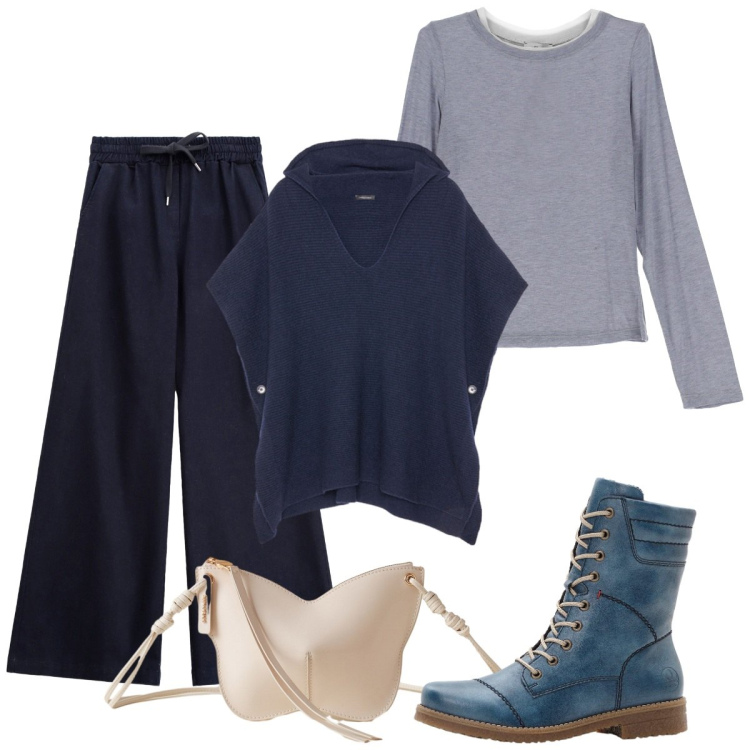 Outfit donna - Giornata libera. Stile Basic per Tutti i giorni. Abbinamento con stivaletti, jeans, t-shirt, borse a tracolla, maglieria.
